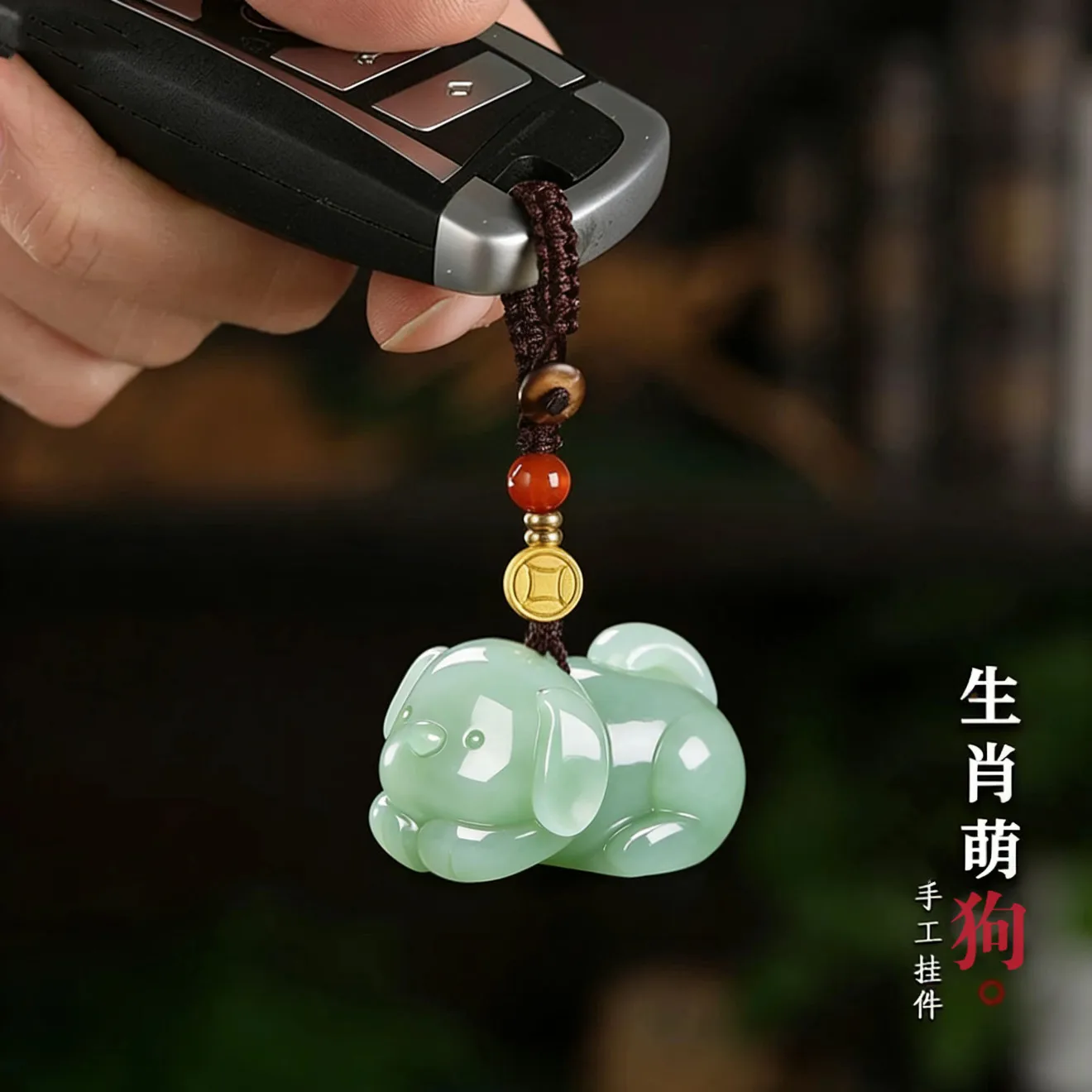 Fine Carved Chinese Style Lucky Zodiac Dog Natural Hetian Jade Pendant Fortune Blessing Amulet Keychain Phone Lanyard Unisex Goo