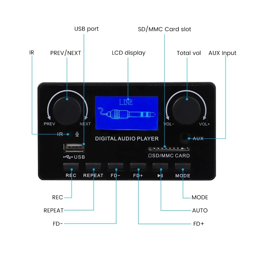 12 فولت MP3 بلوتوث فك مجلس LCD كلمات عرض فك WMA WAV FLAC APE FM تسجيل USB فك لمضخم الصوت