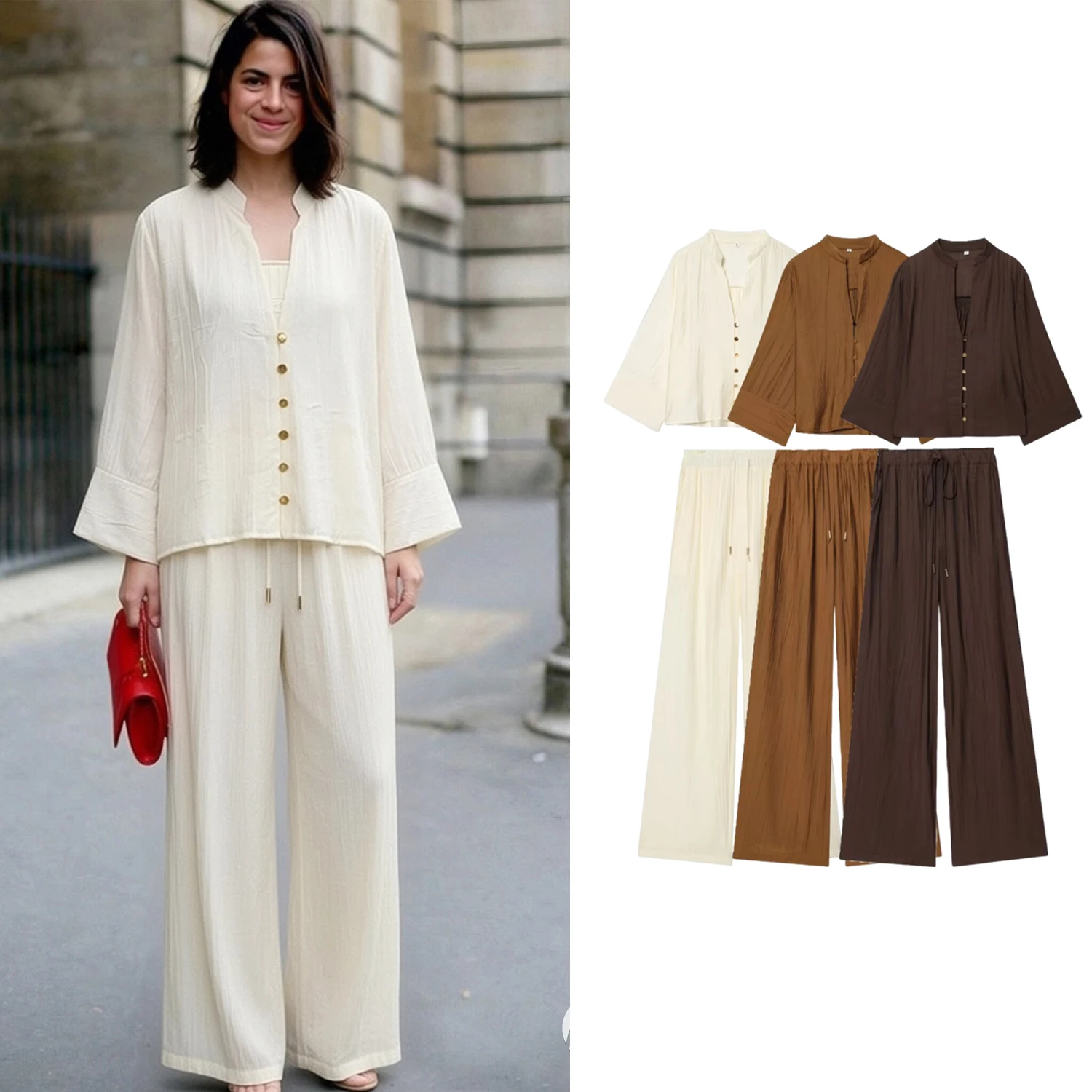 

Женский комплект: широкие брюки и рубашка с V-образным вырезом и длинными рукавами, весна-лето, с эластичной талией