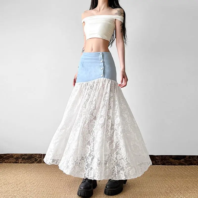 

Denim Button Up Skirt with Lace Insert Floral Embroidery Sweet Cute Long Skirt for Girls