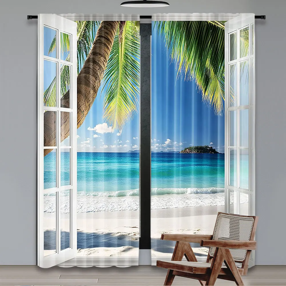 2Pcs Natural Scenery Curtain Tropical Palm Trees On Island Ocean Beach Window Drapes For Home Dorm Bathroom Bedroom A