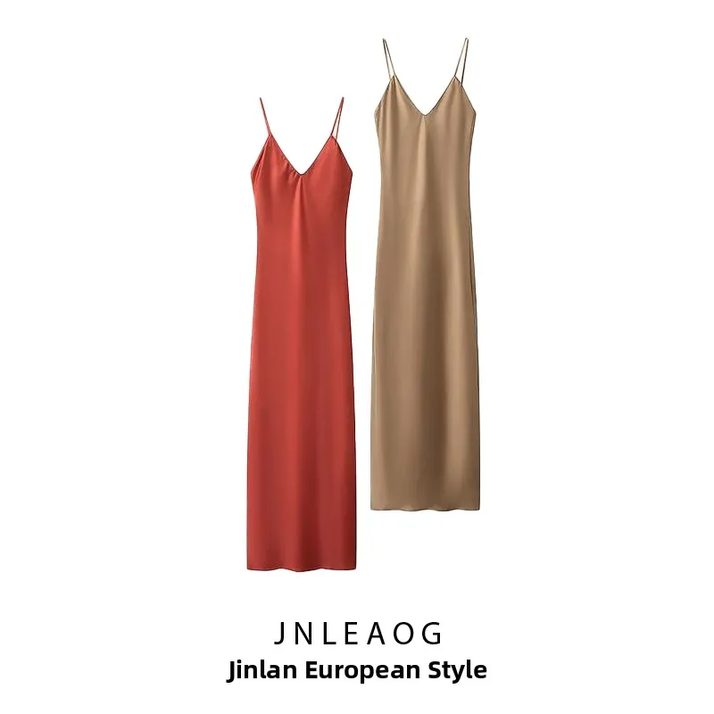JNLEAOG 패셔너블 실크 새틴 미디 드레스 여성용 심플 스타일 무브랜드 폴리에스터 소재 민소매 브이넥 A라인 스커트
