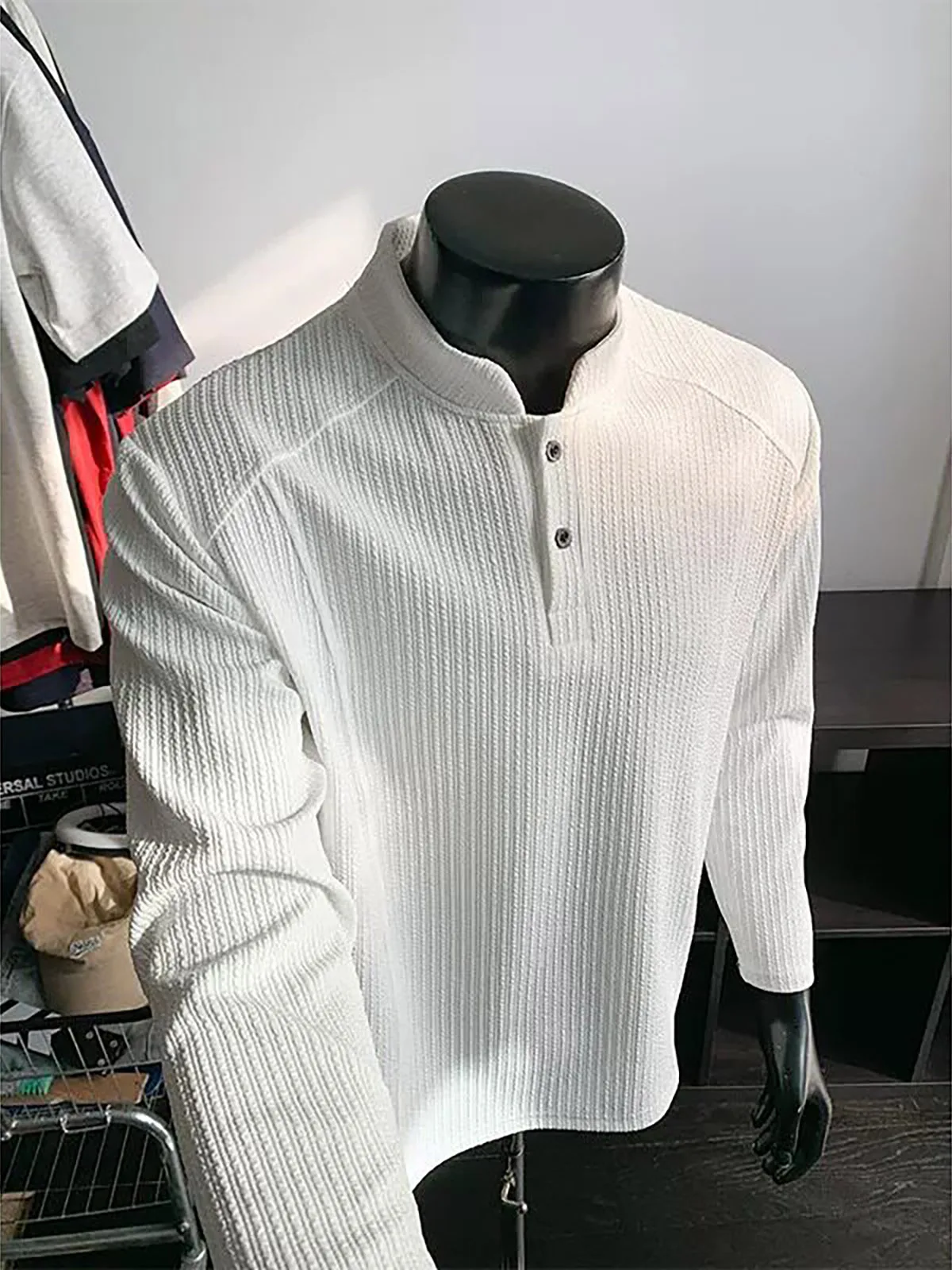 Textured Henry Collar Long Sleeve T-Shirt Men's Casual Lightweight Heavy Duty Deconstructed Stand Collar Sweatshirt Inner Shirt