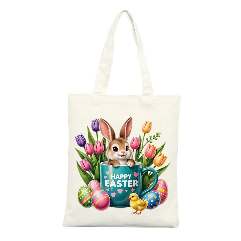 Canvas Tote Bag with Bunny and Easter Egg Pattern, Ideal for Spring Outings and Casual Shopping