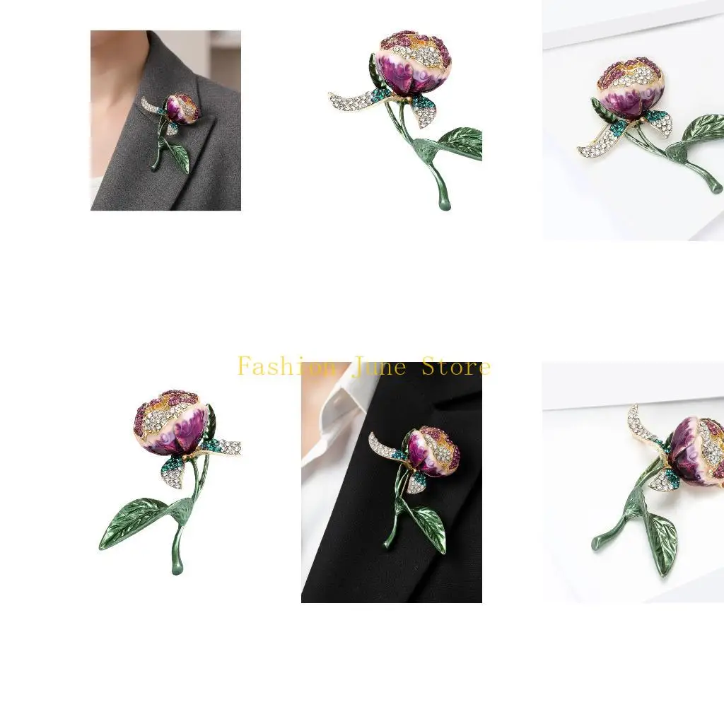 N5KA Elegant Tulips Brooch With Sparkling Rhinestones Unisex Floral Pin For Casual Outfits Party Wear Or Gift Giving
