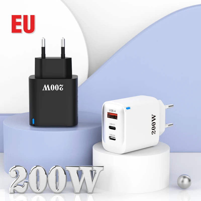 GaN 200W Fast Charger 1 USB A 2 USB C Ports Charging Station PD 5.0 Power Adapter for MacBook Laptop iPhone EU UK US Plug 2026