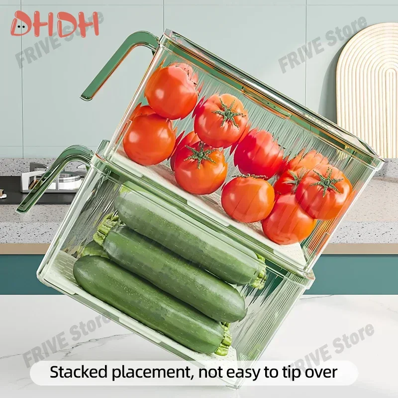Transparent Refrigerator Organizer Handle Storage Box Food Grade Sealed Stackable Box with Lids Vegetable and Fruit Storage Box