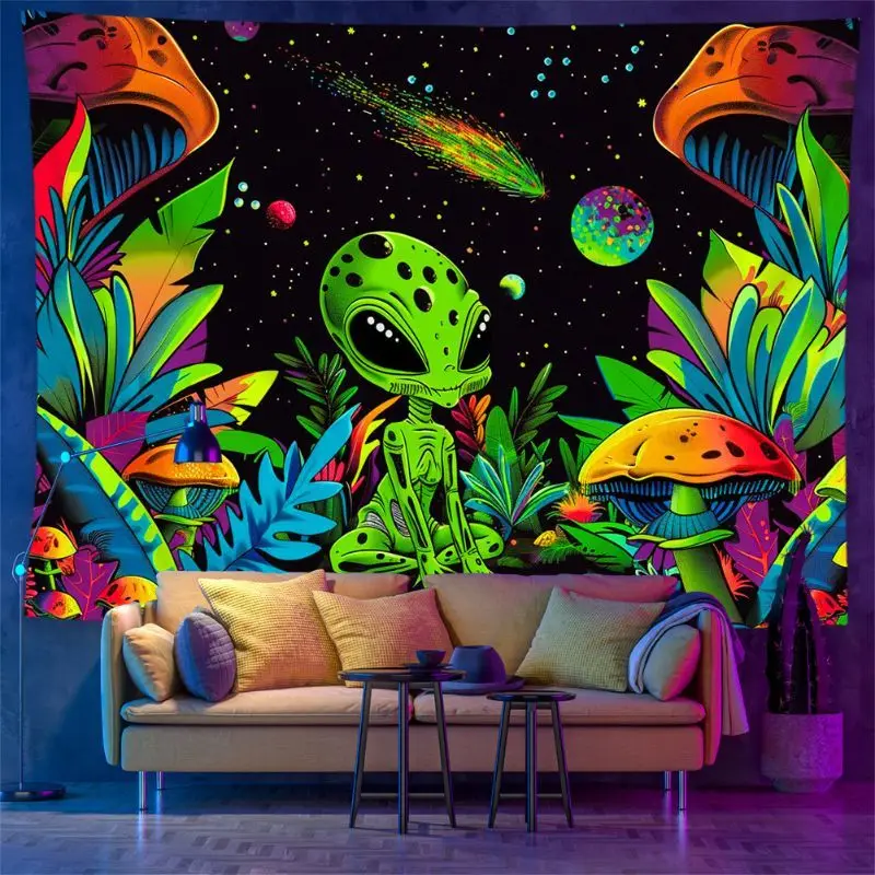 VIKAMA Alien Mushroom Hemp Leaf Psychedelic Tapestry Space Colorful Wall Hanging Cosmic Vibe for Bedroom Dorm Party Home Decor