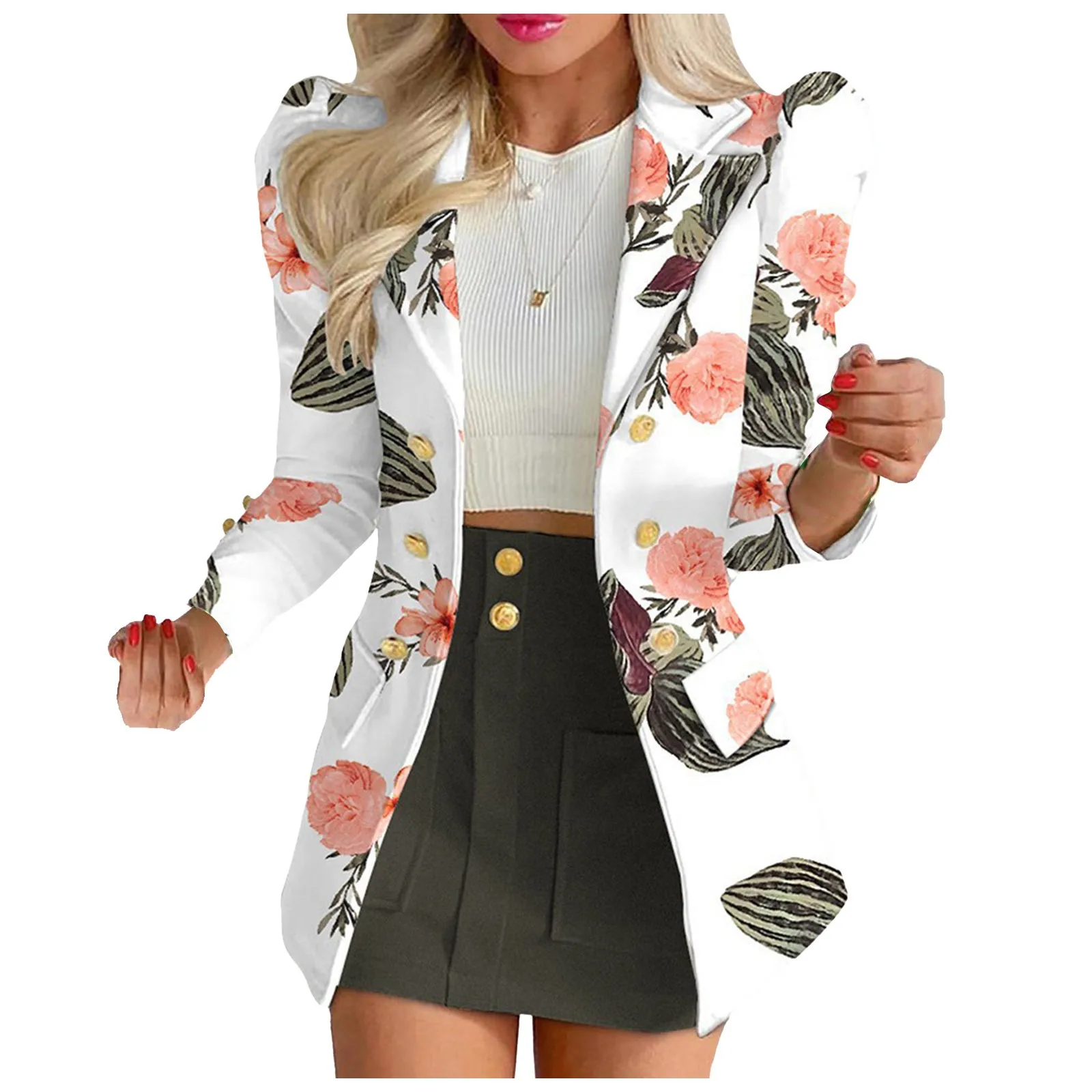 

Spring Autumn Women's Temperament Slim Tops Coat + Half Mini Skirt Female Office Suit Sets Kirt New Printed Suit Set Short Skirt