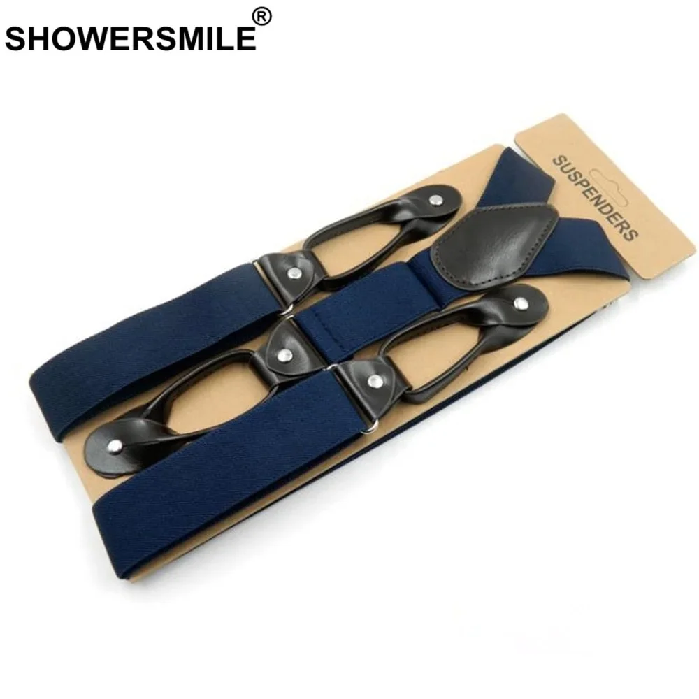 SHOWERSMILE Man Button Suspenders Wide Men Braces Elastic Pants Strap Belt for Trouser Solid Burgundy Brown 120cm High Quality