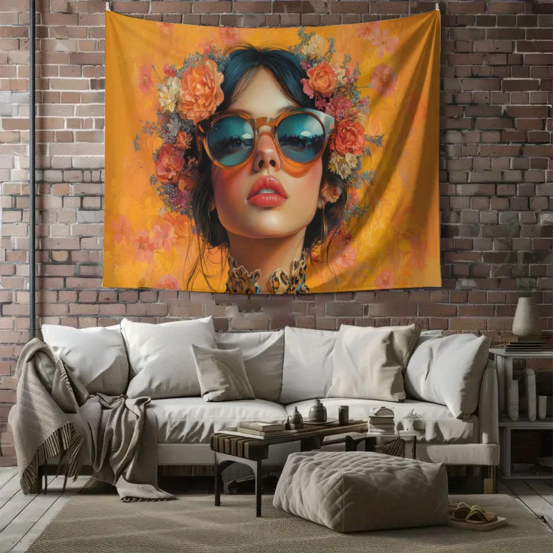 Vibrant Floral Portrait Tapestry Wall Hanging Bohemian Boho Pop Art Digital Print Home Decor Canvas Poster for Living Room Bedro
