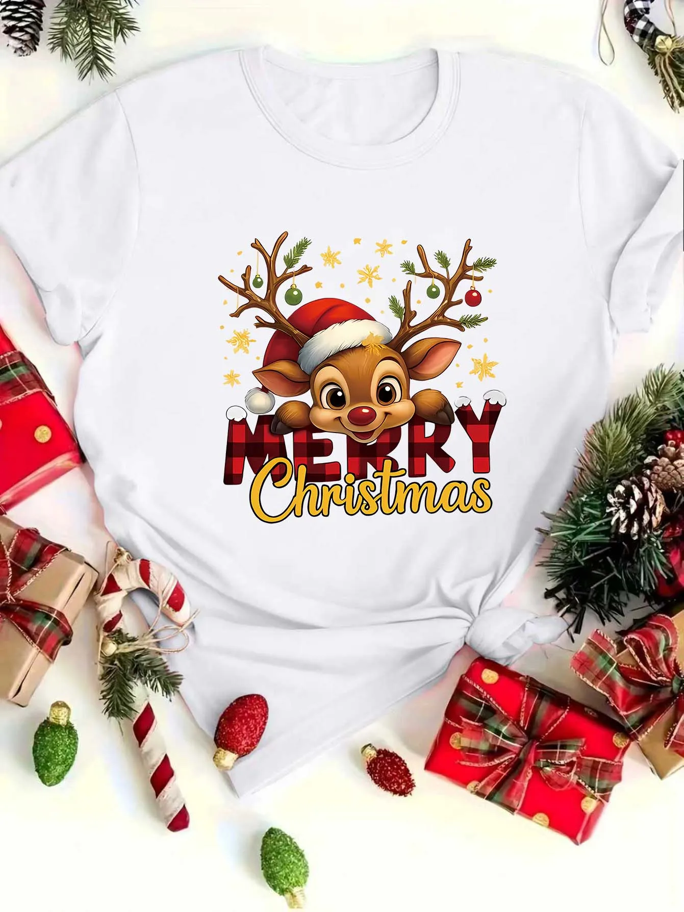  Women'S Christmas T-Shirt Cute Rudolph the Red-Nosed Reindeer Merry Christmas Print Y2k Ladies Clothes OversizedWoman Clothing