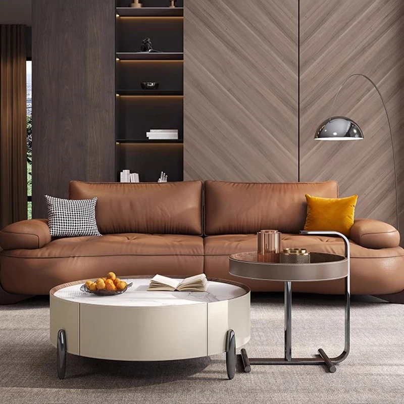 Rock Plate Tea Table Circular Coffee Italian Minimalist Saddle Table Leather Luxurious Circular Coffee Living Room Furniture