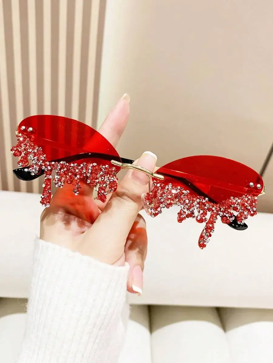 1pc Rimless Metal Frame Handmade Cut Rhinestone Party & Dance Fashion Eyeglasses Shades Beach Accessorieslll