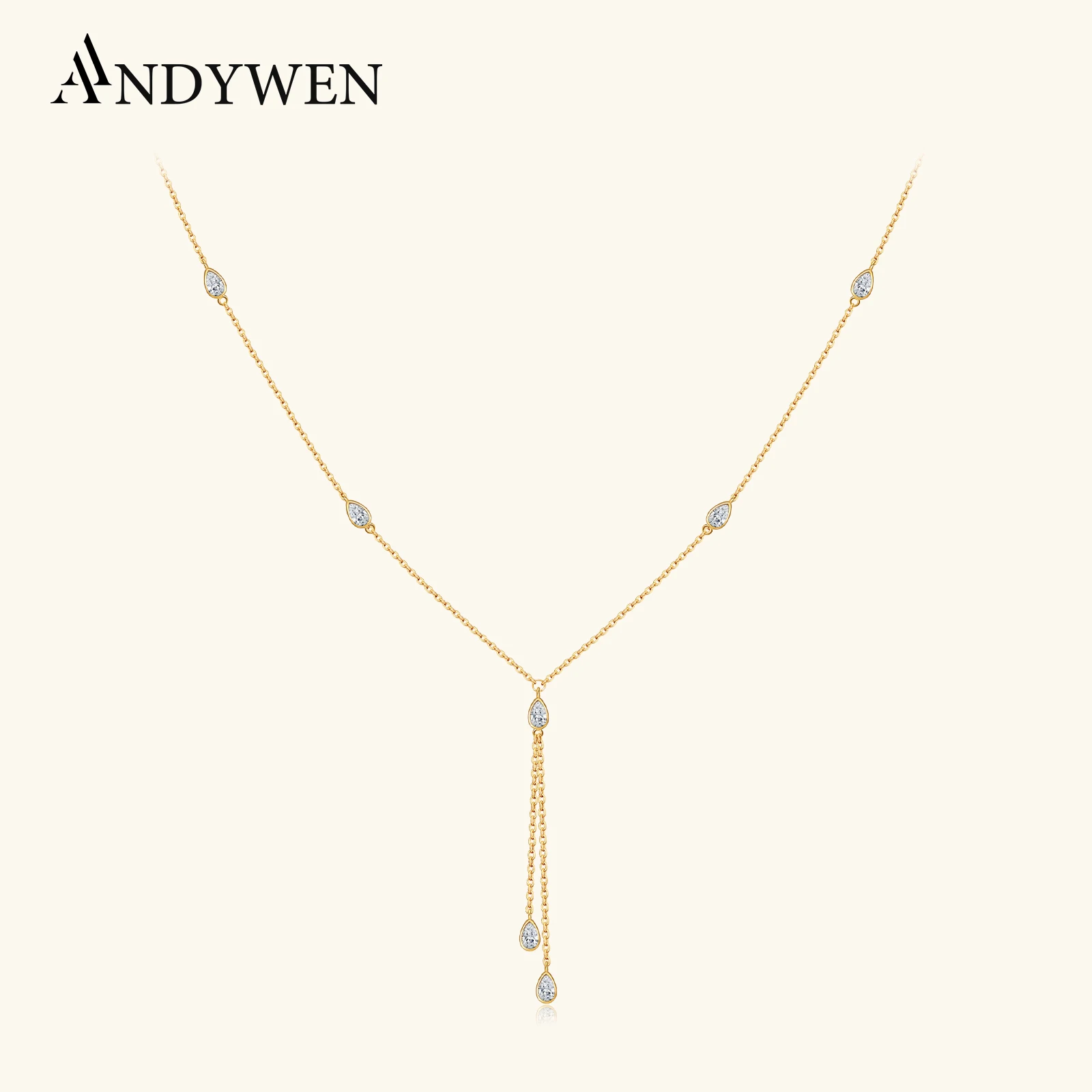 

ANDYWEN 925 Sterling Silver Waterdrop Y Chain Necklace Sparkling CZ Zircon Fringe Pendant for Women Party Daily Gift