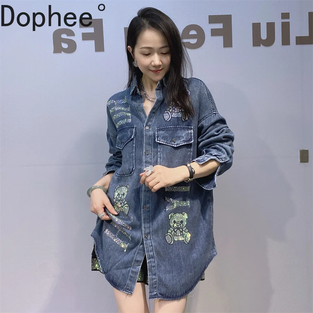 

Cute Bear Diamonds Spring Autumn Women Denim Cardigans Coat Mid-long Long Sleeve Oversize Casual Shirts Single-breasted Blouses