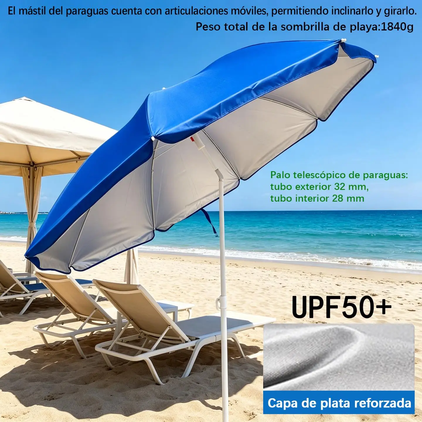 Sombrilla de Playa Ajustable / Sombrilla Solar Anti-UV / Sombrilla de Jardín Inclinable / Doble Capa / Sombrilla Impermeable
