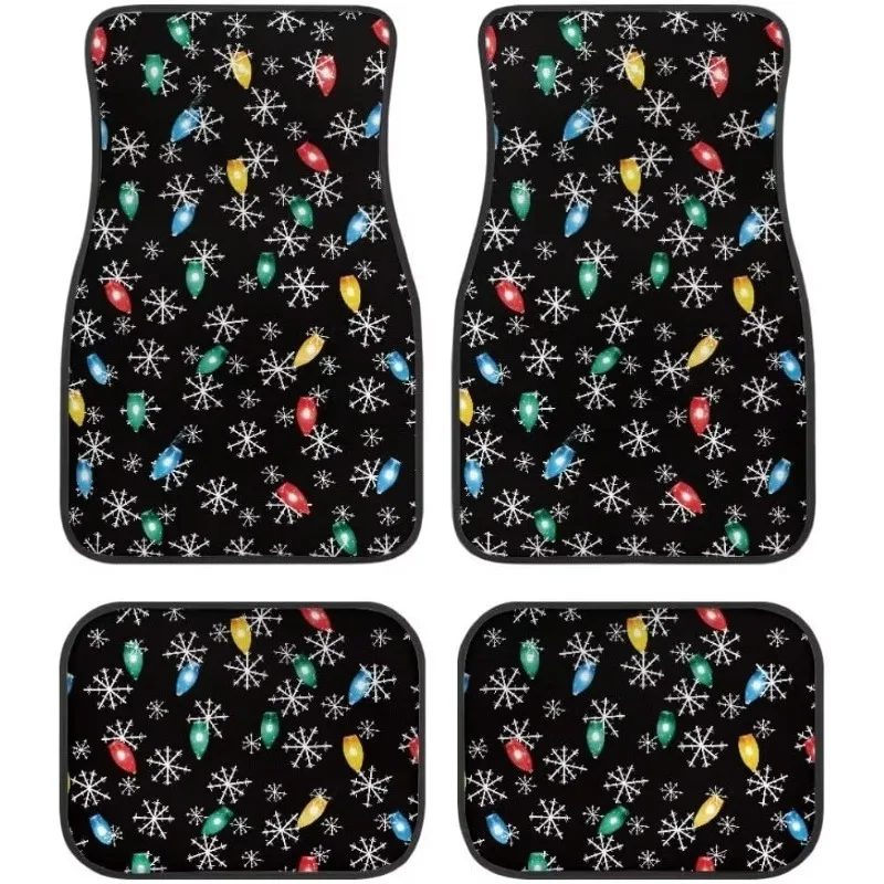 Set Of Four Car Floor Mats Featuring Festive Designs Like Christmas Lights, Snowflakes, Snowmen, And Christmas Trees. These Unis
