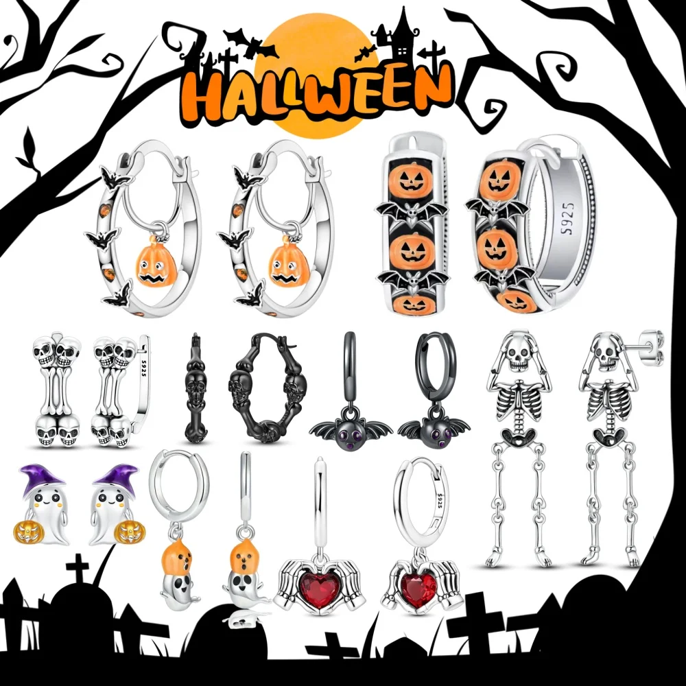 Halloween Party Fashion S925 Silver & Rose Gold Color Cute Pumpkin Bat Earrings Fit Women Party Jewelry Christmas Gift