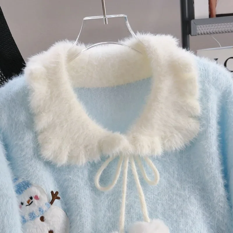 Kimutomo Knitted Sweater Women Cartoon Peter Pan Collar Autumn Winter Loose Autumn Winter Pullover Female Jumper Casual