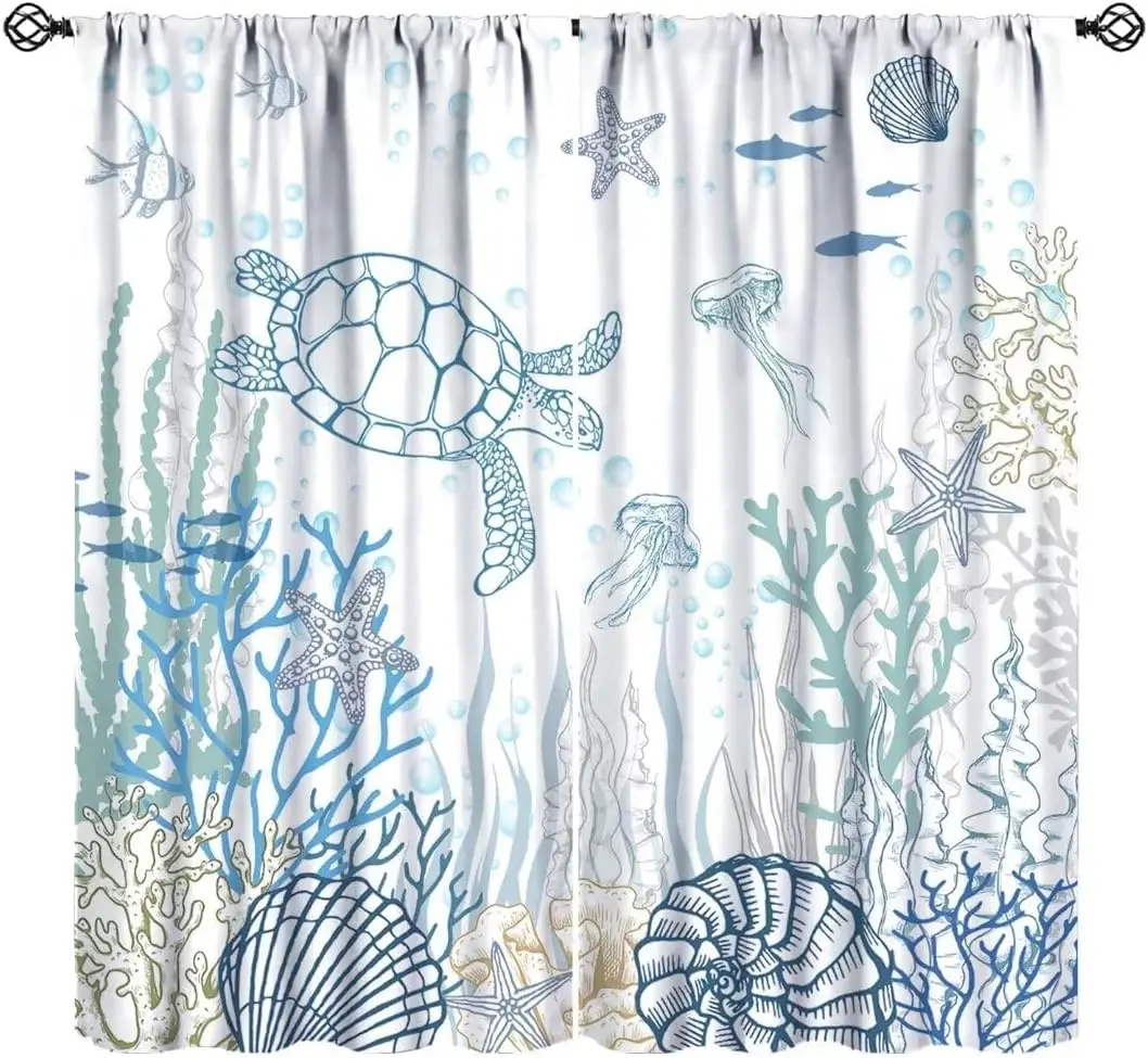 Nautical Turtle Curtains, Coastal Sea Ocean Theme Coral Starfish Seashell Jellyfish Undersea Life Window Curtains Kids Bedroom