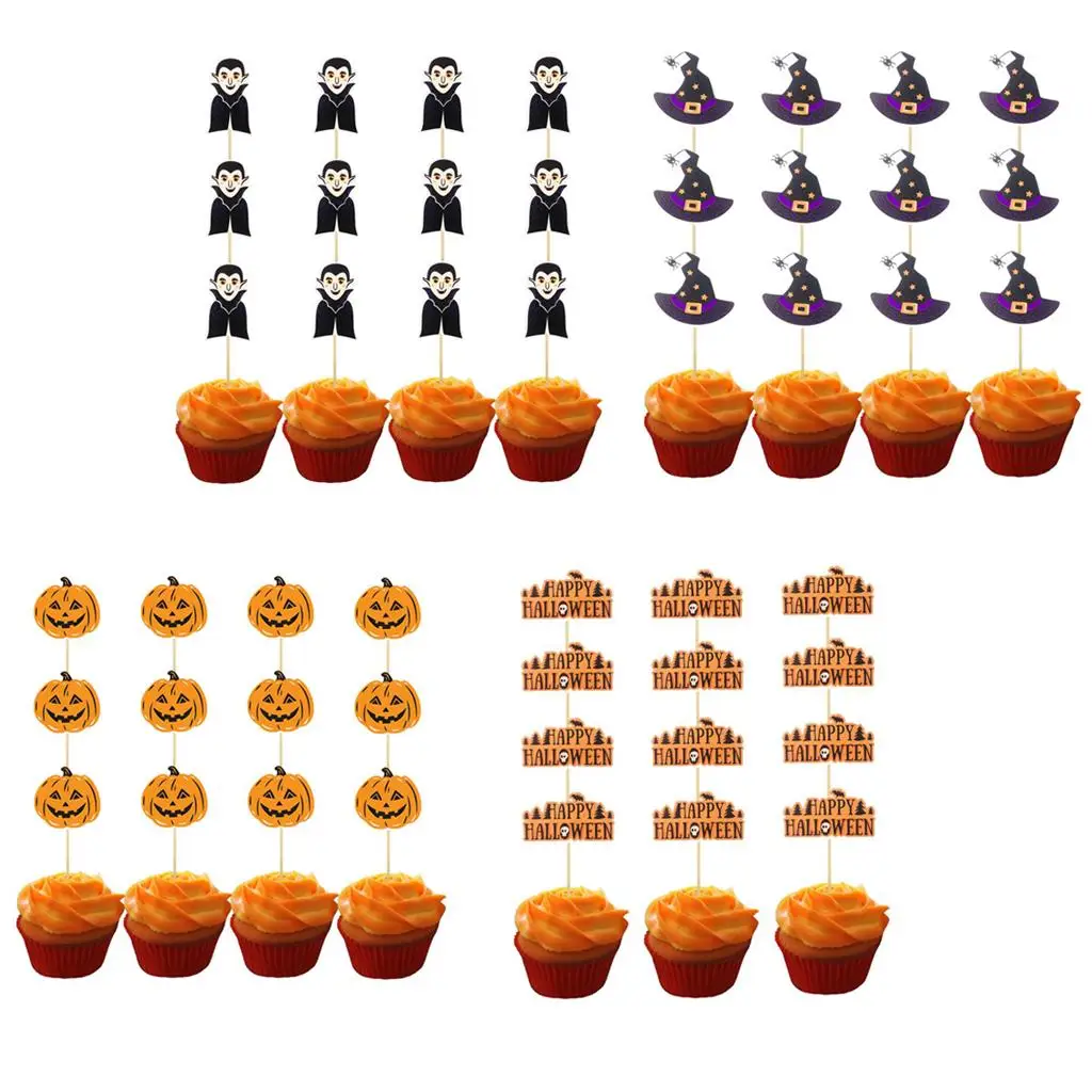 Paper Cupcake Picks Halloween Cake Toppers Set of 12 for Party Decor with Pumpkin and Wizard Hat