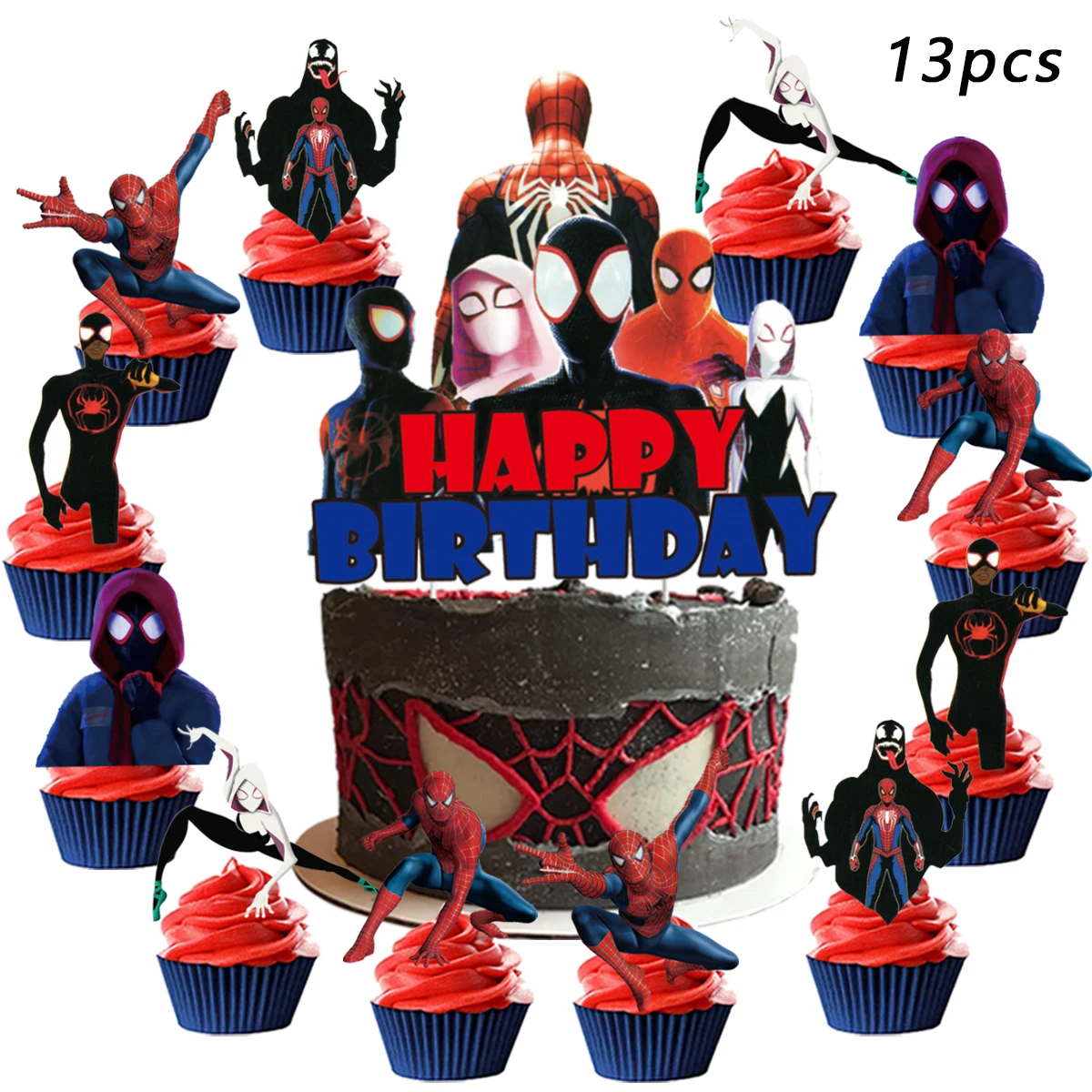 13 piezas de decoración para pastel de Spider-Man, adornos para cupcakes, decoraciones de cumpleaños de Spider-Man, artículos para fiestas temáticas, cumpleaños de Spider-Man
