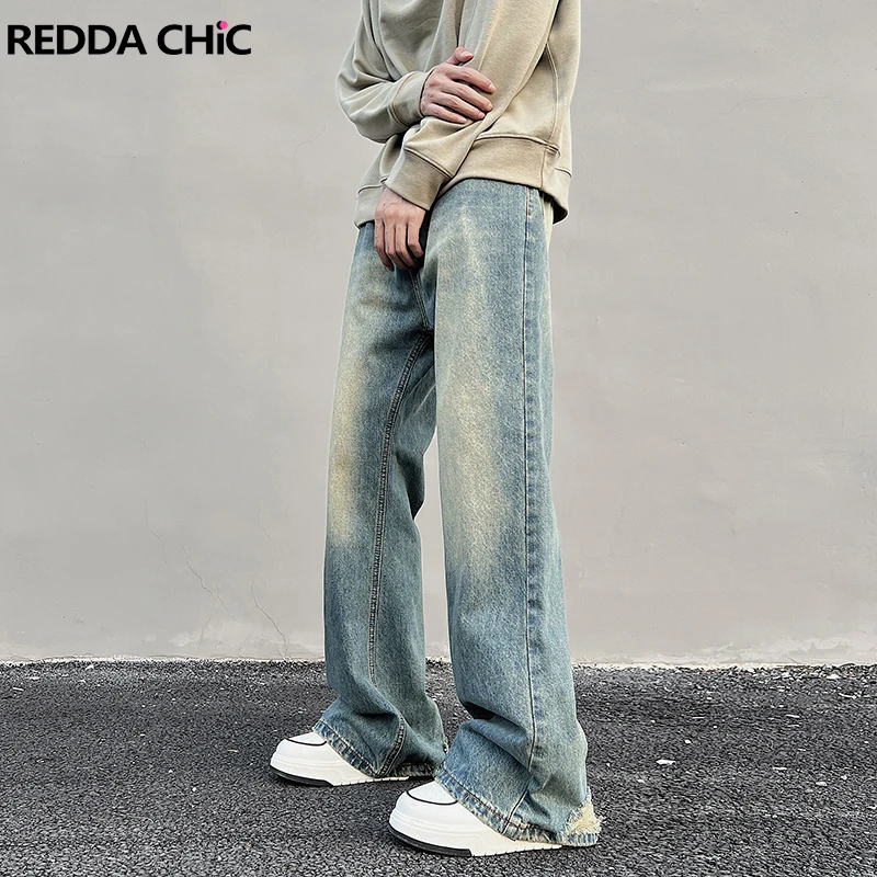 REDDACHIC Blue Brushed Frayed Baggy Jeans Men Distressed Blue Ripped Casual Wide Pants Vintage Y2k Trousers Hip Hop Streetwear