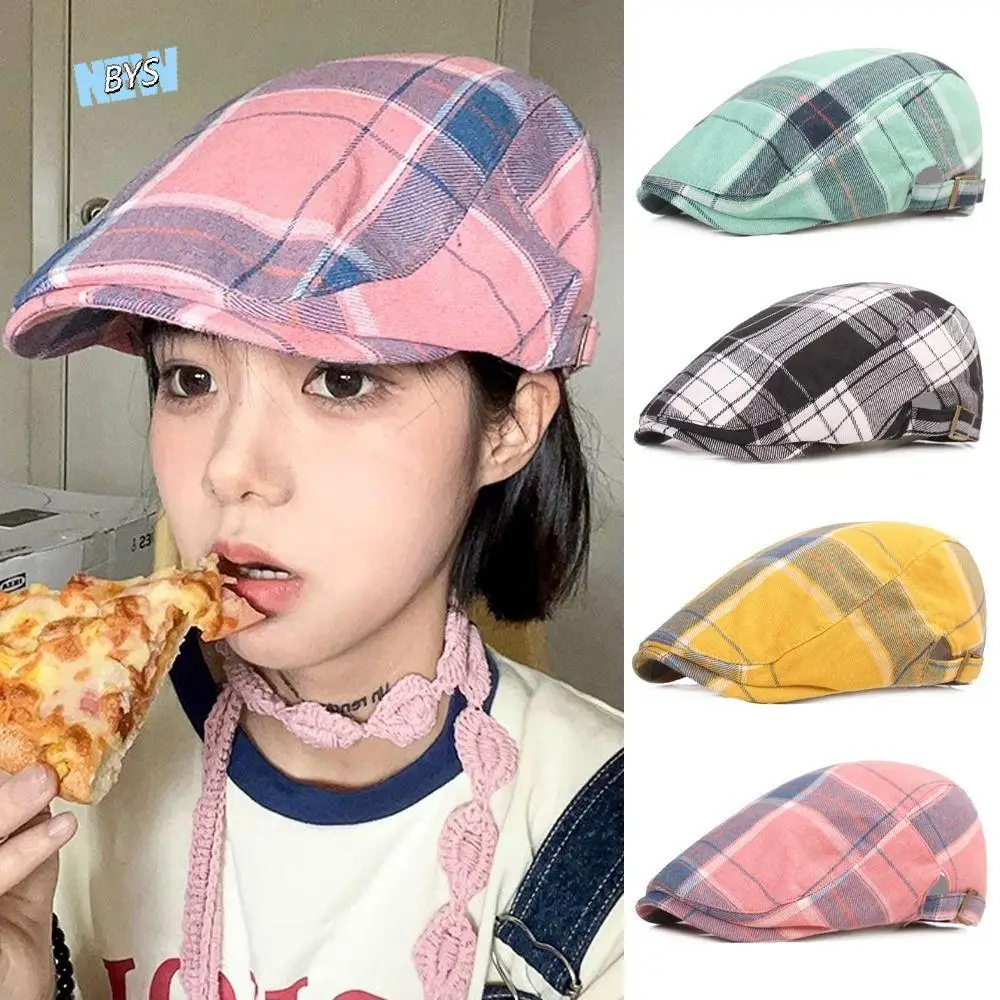 

Elegant Lattice Plaid Beret Hat Cotton Dopamine Style Lattice Sun Hat Wide Brim All-match Flat Peaked Cap Outdoor