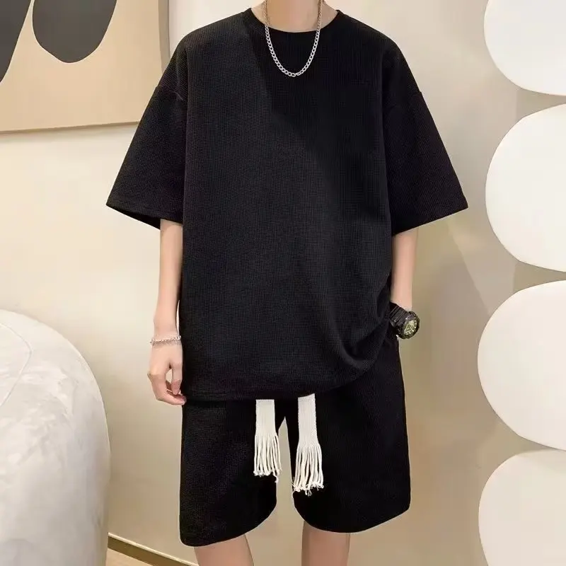 Waffle Short-sleeved T-shirt Sports Shorts Summer Trendy Men's Clothing with Handsome Wear Clothes for Men Sweatshirts
