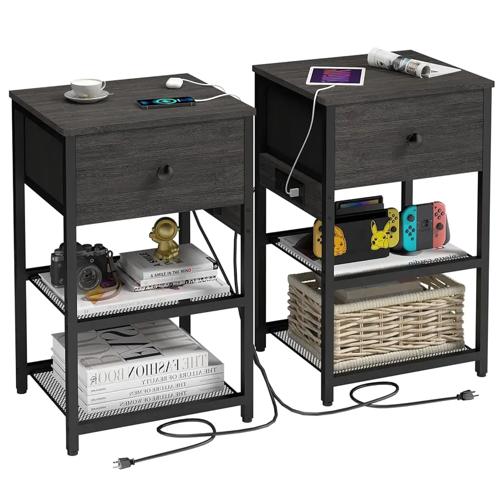 

Nightstands Set Of 2 With Charging Station, Bedside Tables With Fabric-Wood 2-In-1 Drawer, End Table For Small Spaces, Grey