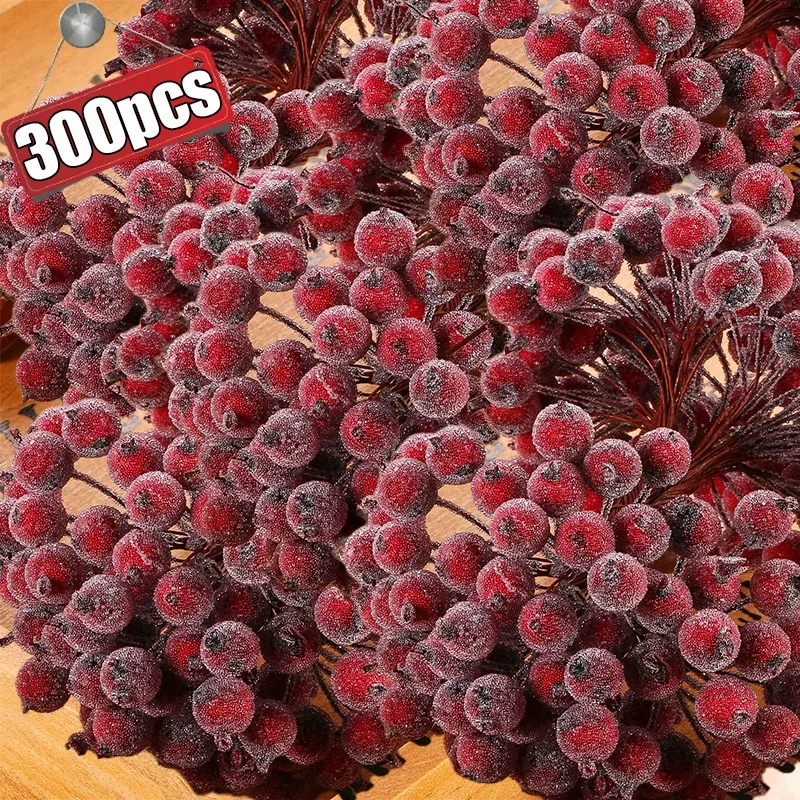 300/20Pcs Artificial Frosted Holly Berries Simulation Christmas Berry Double Head Fake Cherry DIY Wreath Xmas Party Decoration