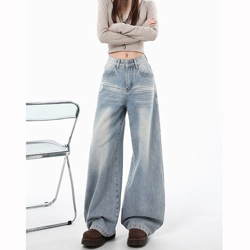 

2025 женские шикарные дизайнерские прямые джинсы в стиле ретро, повседневные женские джинсовые брюки с высокой талией, свободные однотонные брюки для девочек