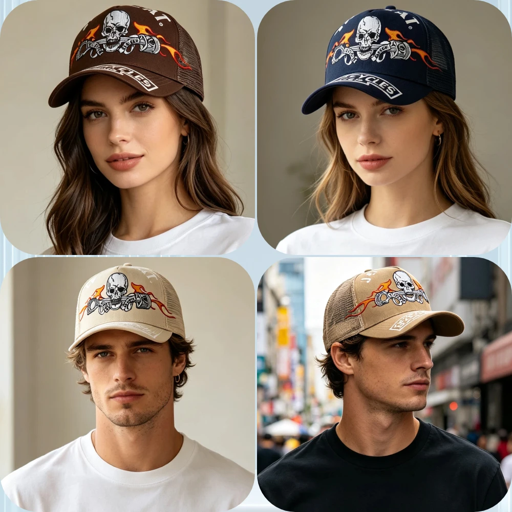 Unisex Punk Style Cap Skull Flame Piston Embroidery Trucker Hat Breathable Mesh Hat Outdoor Sports Baseball Cap