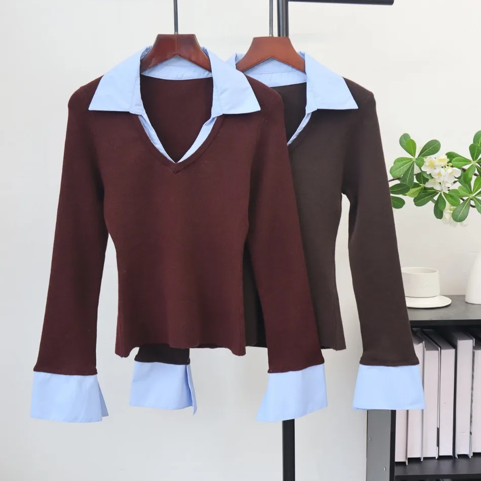 Polo-Kragen Kontrast-Patchwork Koreanische T-Shirts Langarm Fake Zweiteiler Trend-Oberteile Mode Büro Frühling Herbst Damenbekleidung – Detail 9