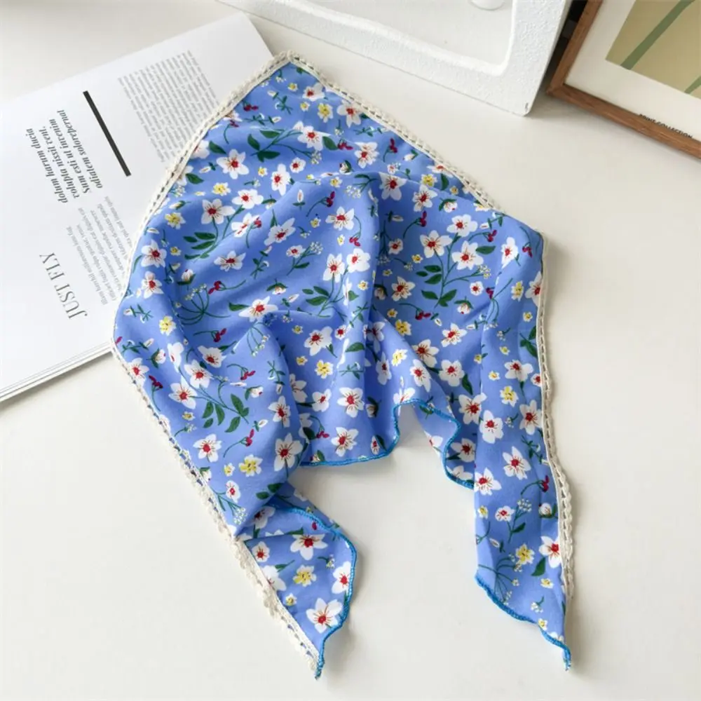 Fashion Beach Flower Print Hair Scarf Floral Lace Trim Triangular Headscarf Versatile Breathable Triangle Headband Summer