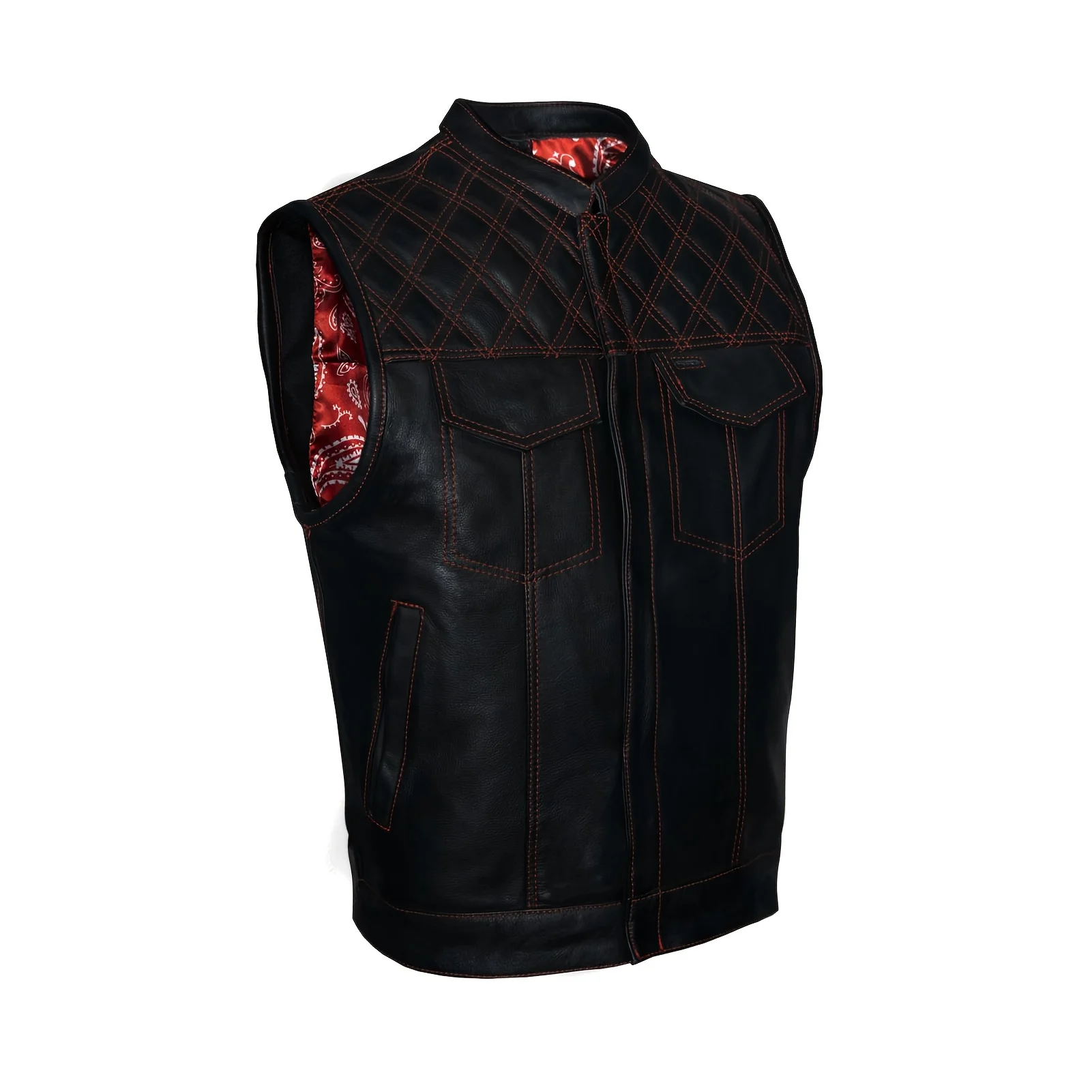 

Men'S SOA Red Thread Motorcycle Vest for Men, Naked Cowhide Leather Motorcycle Vest with Red Paisley Lining, Motorcycle