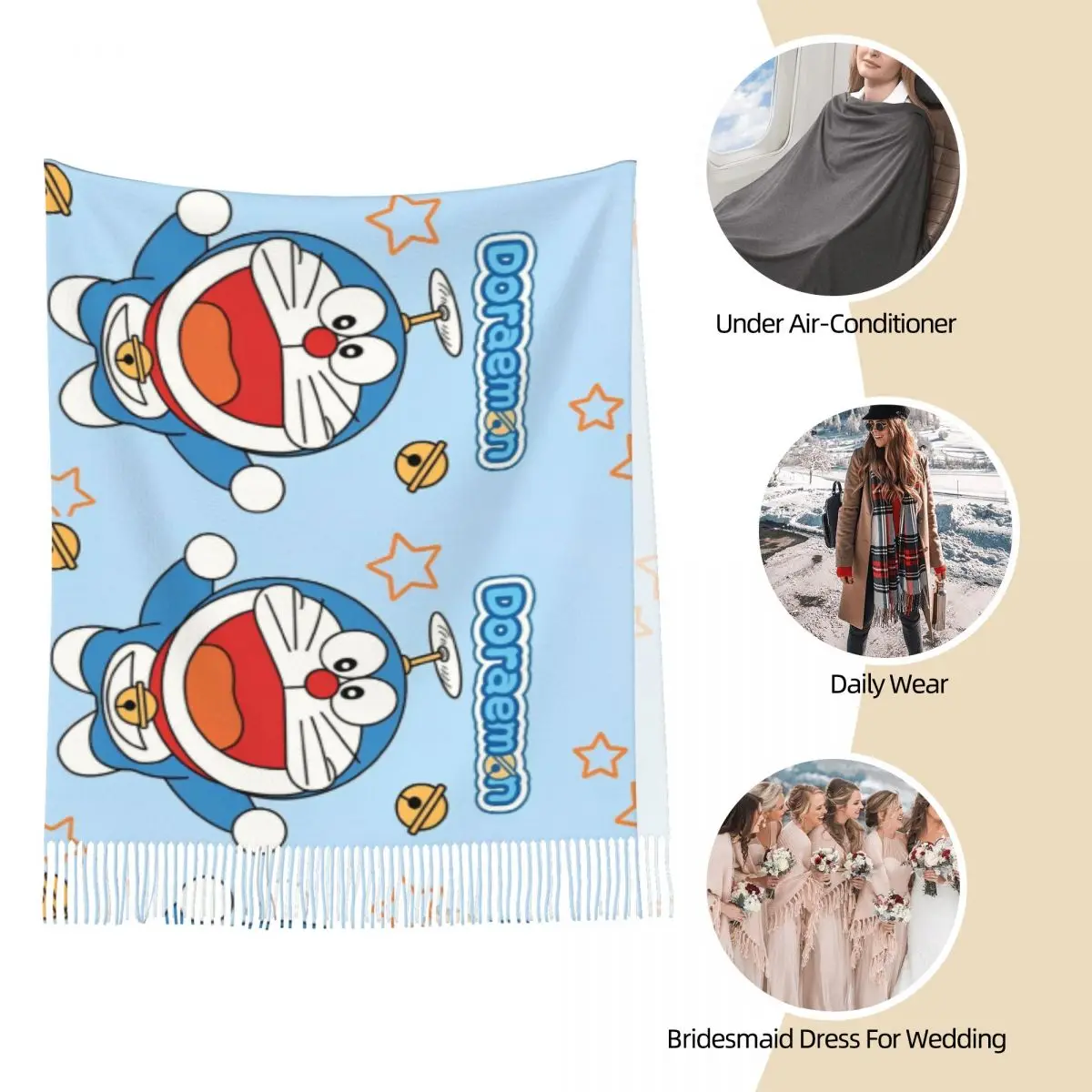 Kawaii Doraemon Flying Cartoon Scarf Women Fall Winter Pashmina Shawl Wrap Japanese Anime Long Scarves with Tassel Daily Wear