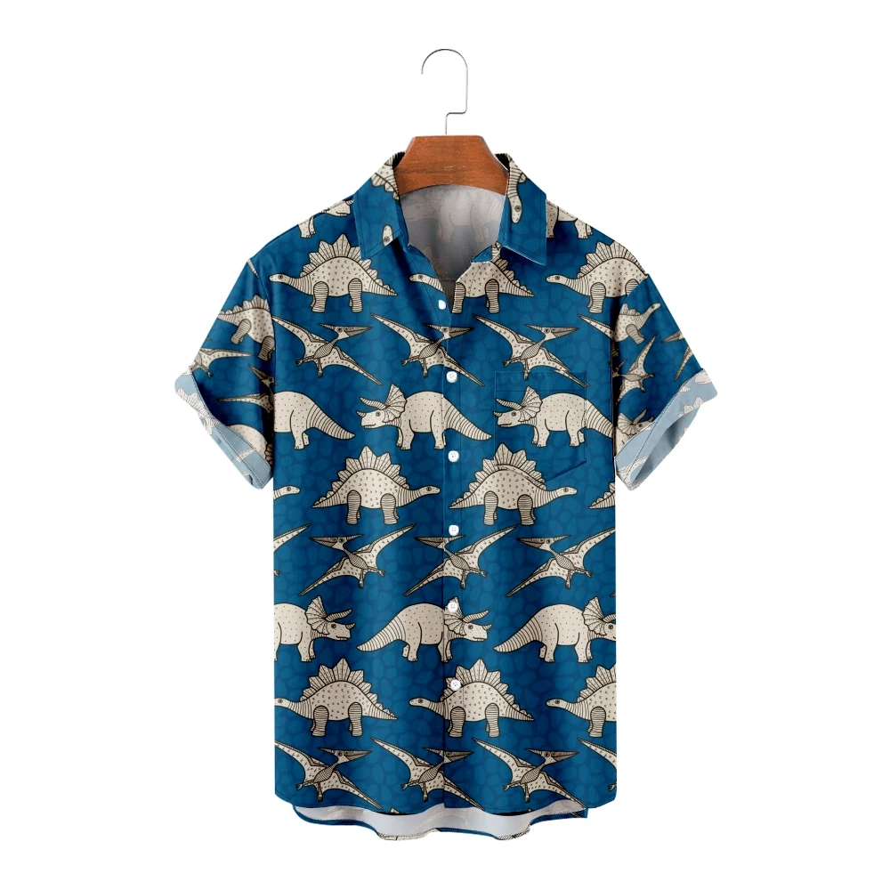 Hawaiian Shirts for Men Cartoon Dinosaurs Print Stripes Short Sleeve Blue Shirts Cool Summer Tops Vintage Breathable