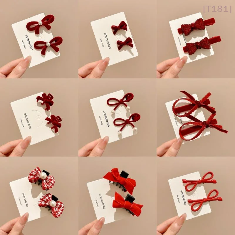 

[E] 2Pcs New Year Red Bow Hair Clip For Women Cute Small Pearl Side Clip Bowknot Hairpin Girls Party Headdress Hair Accessories