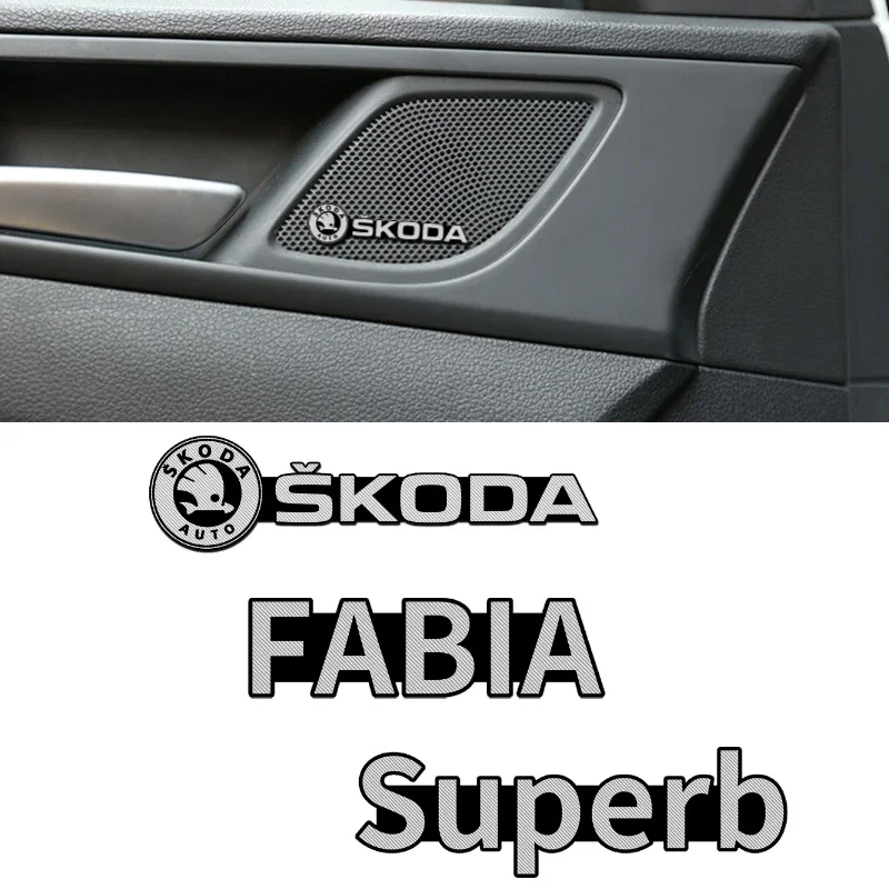 4pcs Car Styling Speaker Decals Stereo Sticker for Skoda Fabia Superb Kamiq Kodiak Yeti Karoq Octavia RS Audio Sound Badge Logo