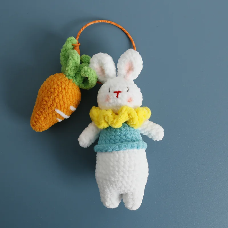 Cute Rabbit And Carrot Charm Keychain For Bag Pendant Handmake Knit Rabbit Doll Crochet Keyrings Knitting Animal Doll Keychain