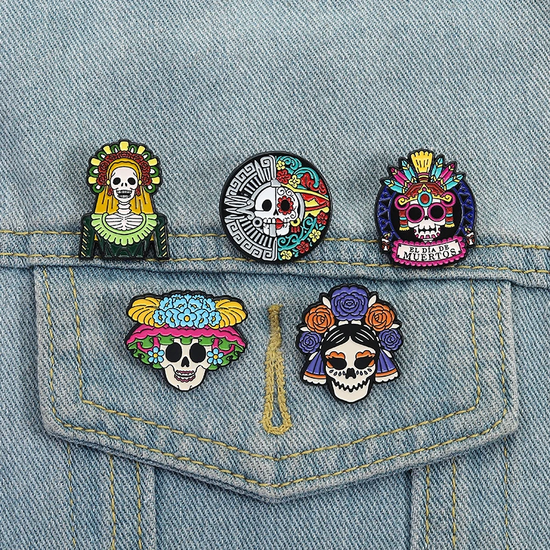 Halloween Colorful Flower Skeleton Bride Enamel Pins Brooches Lapel Badges Clothes Gothic Jewelry Gift for Friends