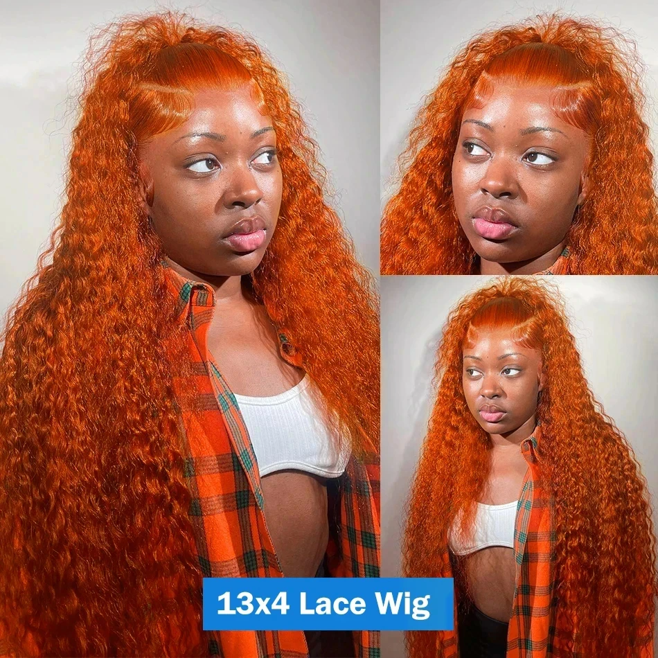 Orange Ginger 13x6 HD Lace Frontal Wig Water Wave Lace Front Black Wig Curly Human Hair Wigs 30 Inch Loose Deep Wave Frontal Wig