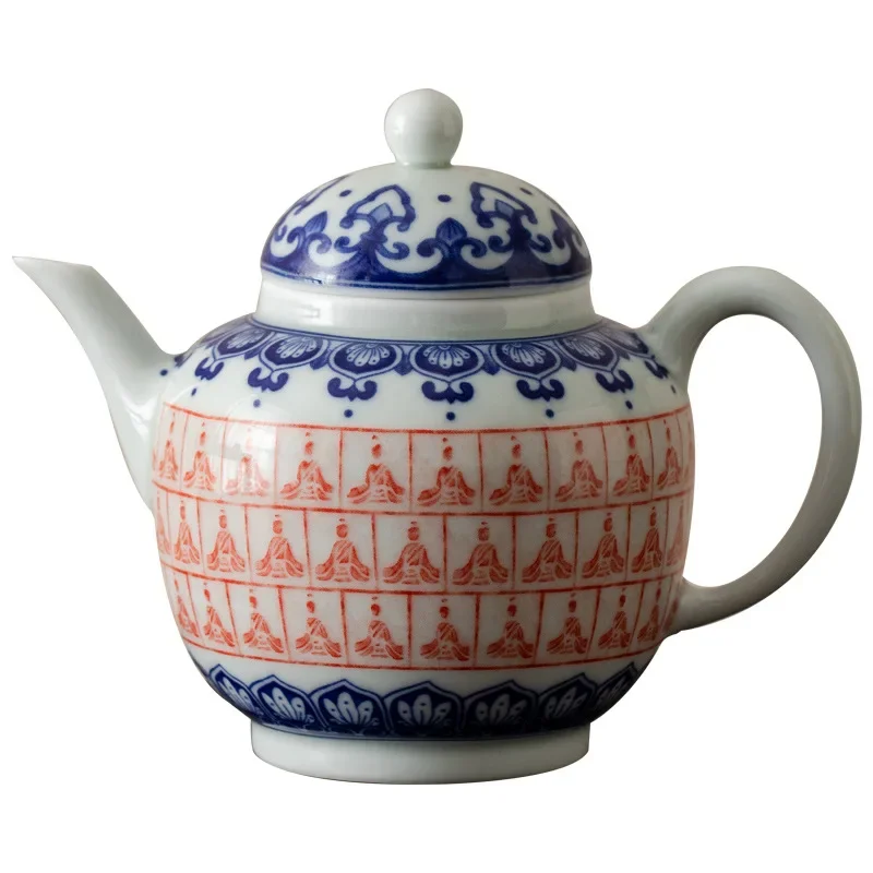 250ML Jingdezhen Ceramic Blue and White Tea Set Qianfo Rubbing Teapot Underglaze Color Brewing Teapot Retro High-end Tea Set
