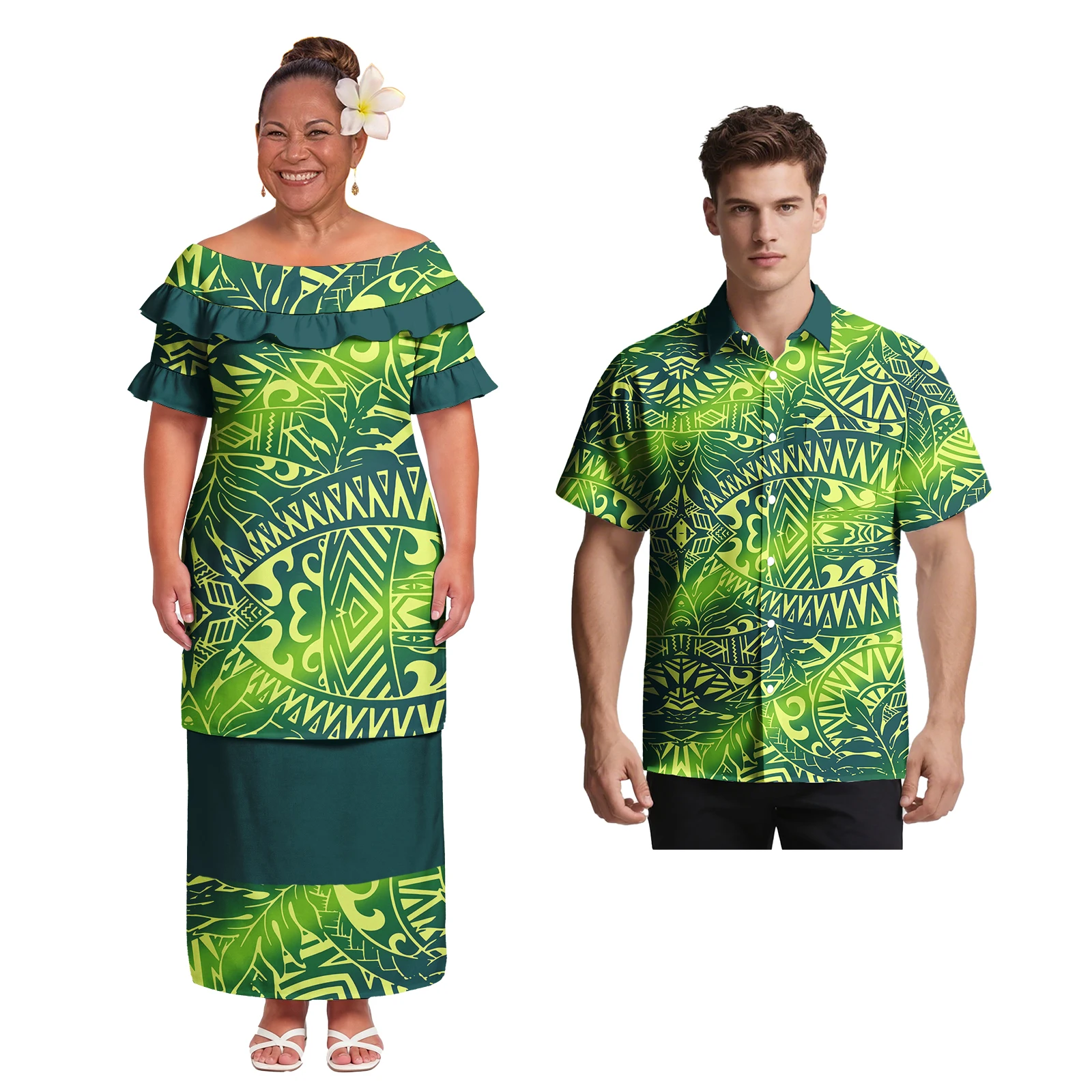 Hawaiian Men's Fashion Casual Shirts Samoan Women Church Puletasi Dress Polynesian Tribal Style Print Matching Couple Outfits