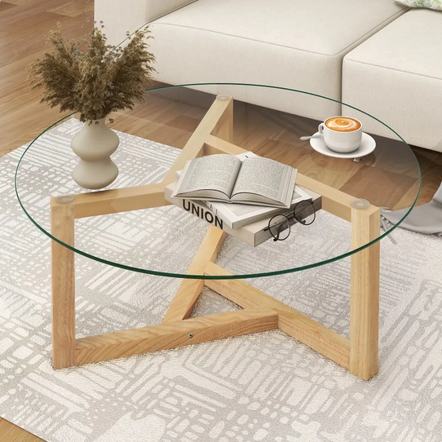 ON-TREND Round Glass Coffee Table Modern Cocktail Table Easy Assembly Tempered Glass Top Sturdy Wood Base Natural