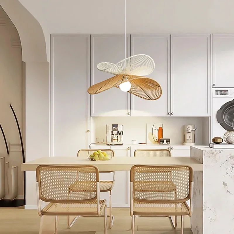 Hand-woven Braided Rope Pendant Light for Restaurant Living Room LED Hat Hanging Lamps Japanese Wood Chandelier Dining Table