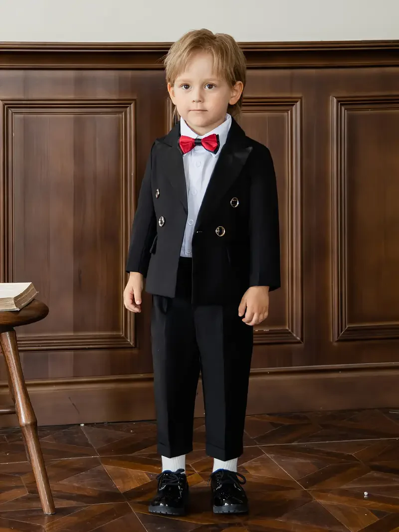 Children 3Pieces/Set Jacket Pants Bowtie Piano Photography Suit Flower Boys Evening Party Ceremony Costume Kids Wedding Dress