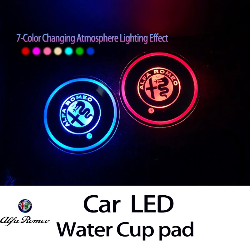 2PCS Car Cup Holder Bottom Pad 7 Color luminous LED Coaster For Alfa Romeo Sportiva 156 Stelvio Giulia Giulietta 159 147 Mito GT